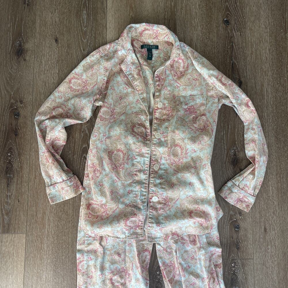Lauren Ralph Lauren Women S Pajama Set Paisley Print Button Up Top Pants Flannel - Picture 3 of 16